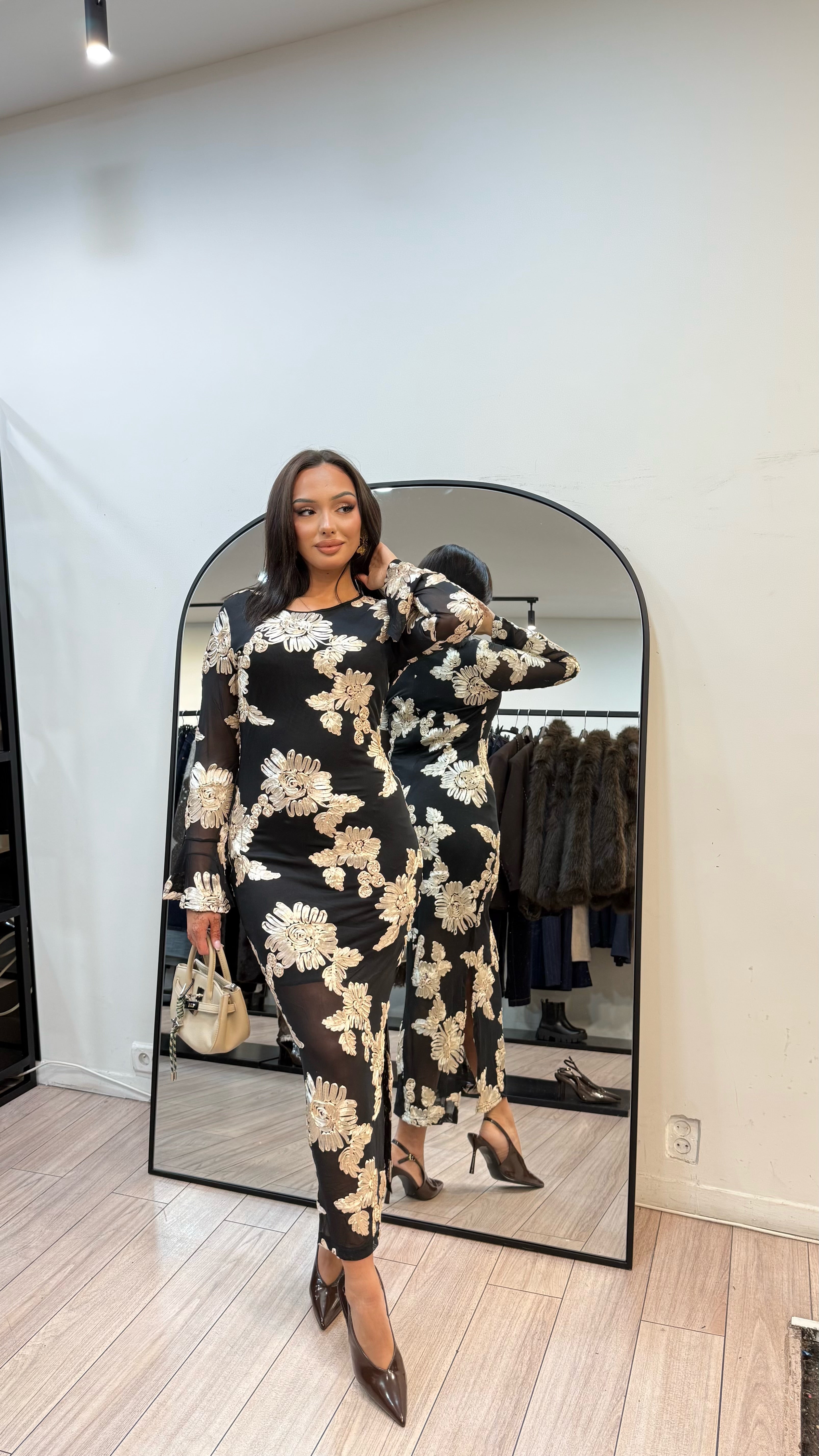 Robe flowers Noir et beige