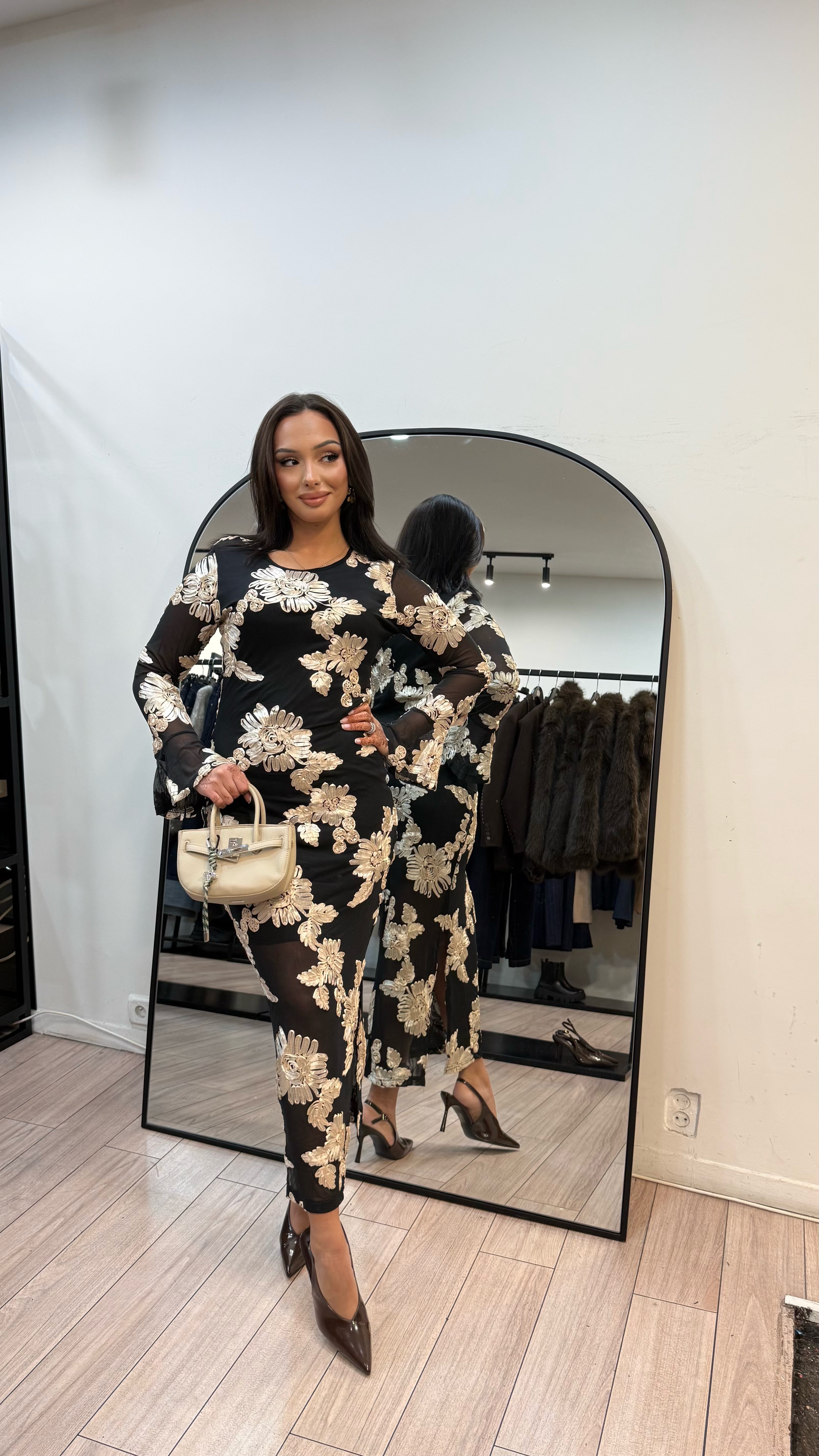 Robe flowers Noir et beige